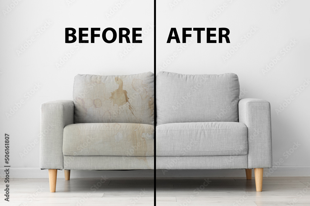 Sofa before and after dry-cleaning in room