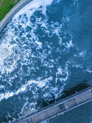 Aerial view blackwater treatment tank with waste water, Circle circular water clarifier cleaning water.