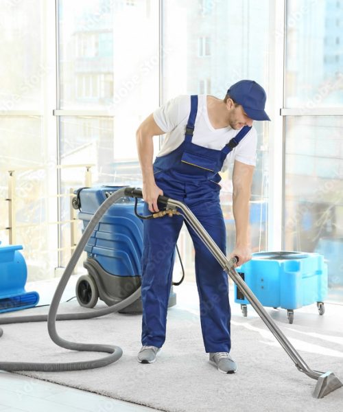 Dry cleaner's employee removing dirt from carpet in flat